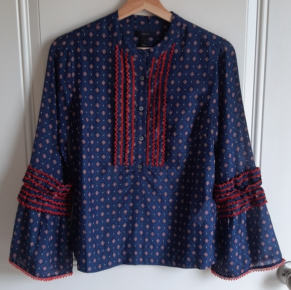 J. Crew Tops - J Crew Foulard Embroidered Bell Sleeve Top Size 0